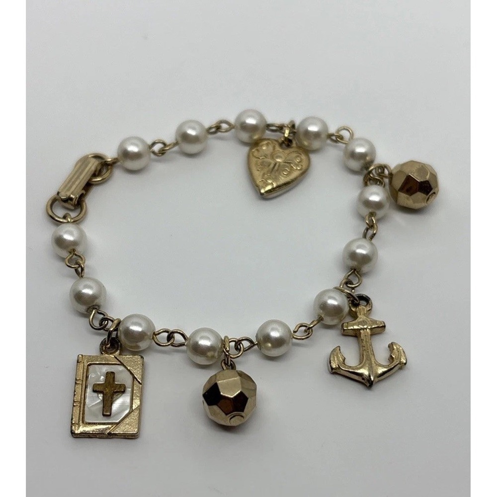 Vintage Catholic First‎ Communion Bracelet Charms Bible Anchor Christian Gift
